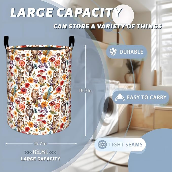 Charming Owl with Mushroom and Floral Laundry Basket with Handles, 19.7"x15.7" - Image 3