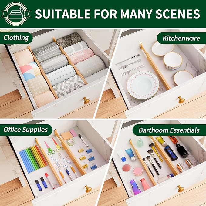 4 Pack Bamboo Drawer Dividers 2.6" High, Adjustable Spring Loaded Clothes - Image 7