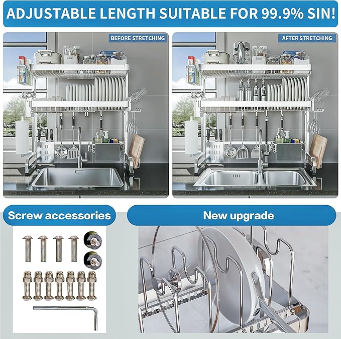 Over The Sink Dish Drying Rack, 3 Tier Adjustable Length Full Stainless Steel - Image 4