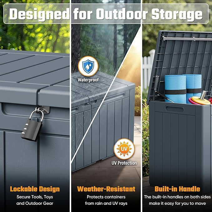 Greesum 110 Gallon Outdoor Storage Box with Lockable Lid, All-Weather Solution for Patio Furniture, Pool Supplies & Garden Tools, Waterproof, UV-Resistant Large Deck Box, Gray - Image 2