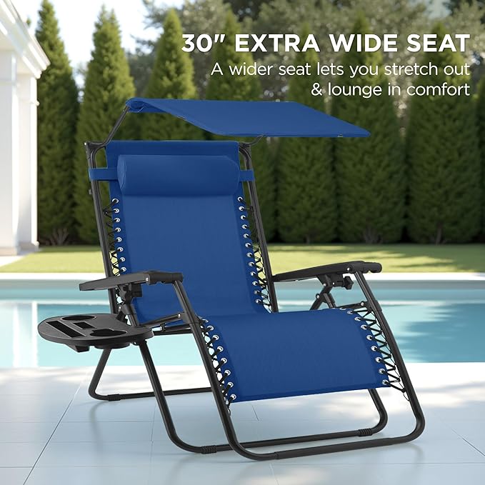 Best Choice Products 30” Wide Folding Zero Gravity Outdoor Recliner Patio Lounge Chair w/Adjustable Canopy Shade, Headrest, Side Accessory Tray - Marine - Image 3