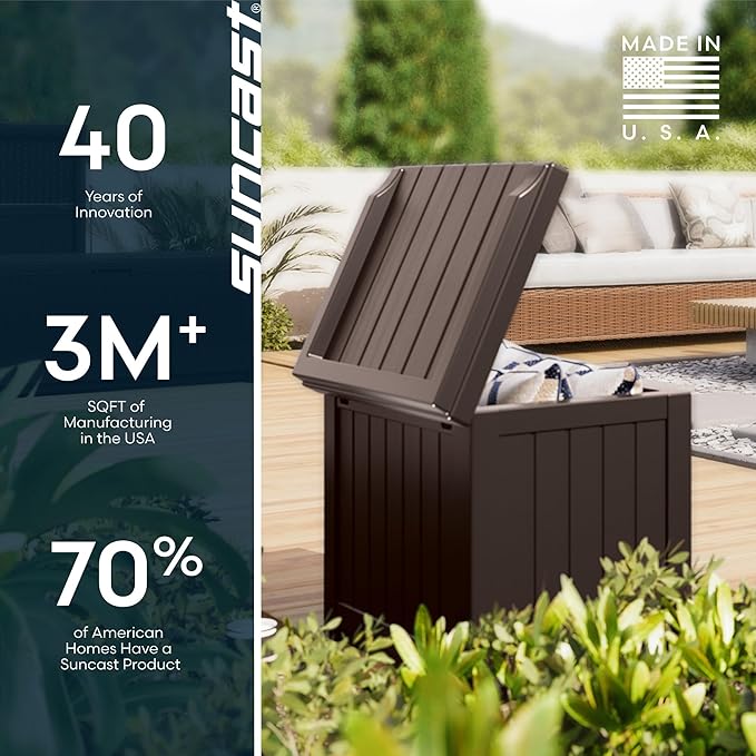 Suncast Outdoor Deck Box - 22 Gallon Java Resin Outdoor Storage Box, Weatherproof Patio Storage Bin Container for Seating & Organizing Cushions, Tools & Towels for Pool, Yard, & Garden - Image 9