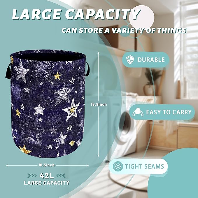 Stars Print Blue Jean Design Laundry Basket Foldable Funny Laundry Hamper - Image 2