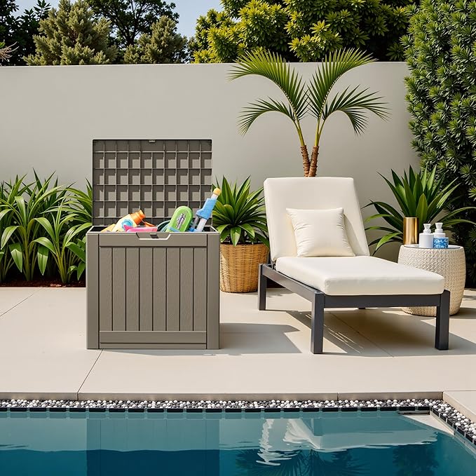 Flamaker Resin Deck Box 40 Gallon Waterproof Outdoor Indoor Storage Box Imitation Wood Resin for Patio Furniture Garden Tools and Pool (Brown) - Image 2