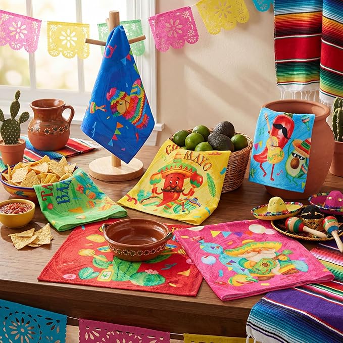 Breling Set of 6 Mexican Kitchen Towels Fiesta Taco Cactus Chili Dish Towel - Image 2