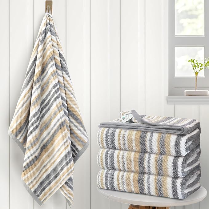 VOOVA & MOVAS Beige Striped Bath Towels, Bathroom Towels Set of 4, Tan Body by VOOVAMOVAS