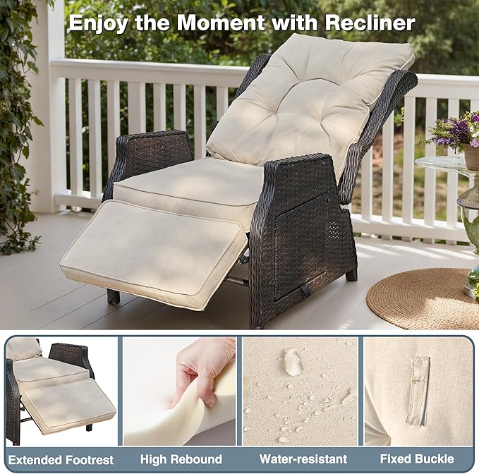 Outdoor Indoor Wicker Recliner with Adjustable Back and Footrest, Patio Reclining Chair with Flip-up Table, Outdoor Rattan Lounge Chair, Beige 2PCS - Image 4
