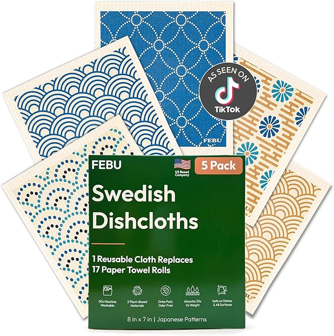 FEBU Swedish Dishcloths for Kitchen | 5 Pack Japanese Reusable Paper Towels by FEBU