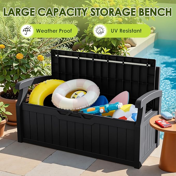 Greesum 80 Gallon Heavy-Duty Outdoor Storage Bench with Cushion, UV-Resistant Resin Bench with Armrest, Deck Box for Garden, Poolside, Patio, Black - Image 7