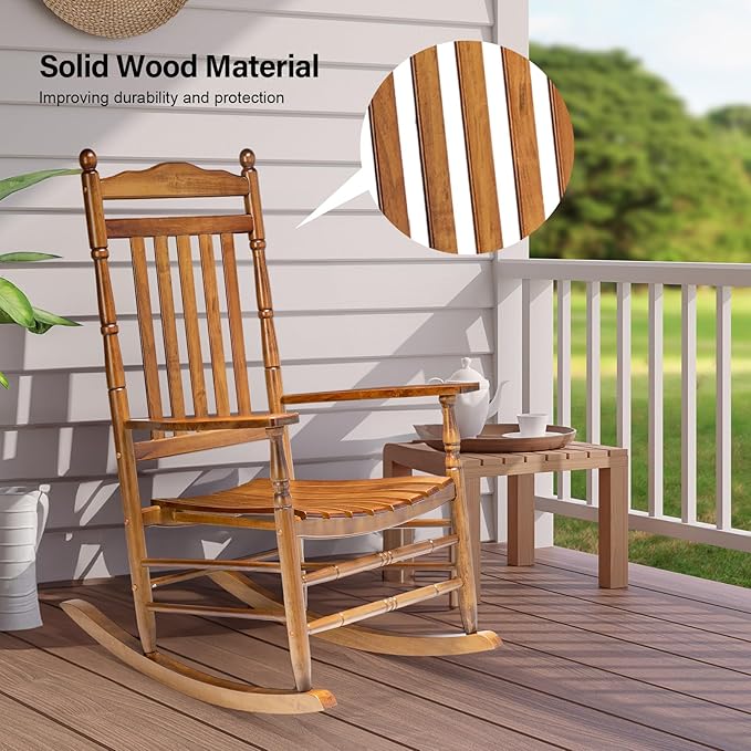 VINGLI Wooden Rocking Chair, Outdoor Chair with 450 lbs Support, Relaxing Rocker with Solid Wood High Back Seat Reclining Seat for Deck, Garden, Backyard, Porch, Indoor or Outdoor Use (Teak, 1PC) - Image 6