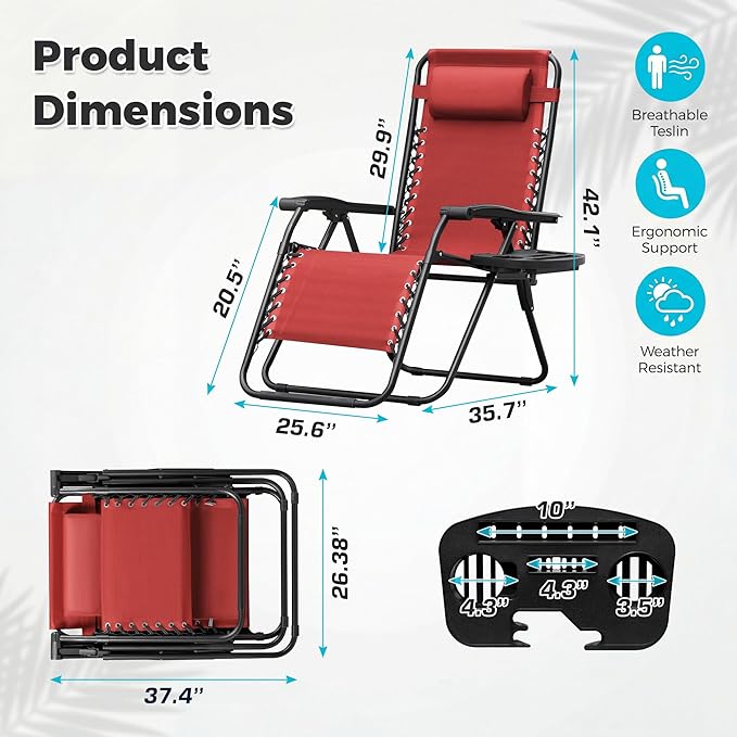 Homall Zero Gravity Chair Patio Folding Lawn Outdoor Lounge Gravity Camp Reclining Lounge Chair with Cup Holder Pillows for Poolside Backyard and Beach Set of 4 (Red) - Image 3