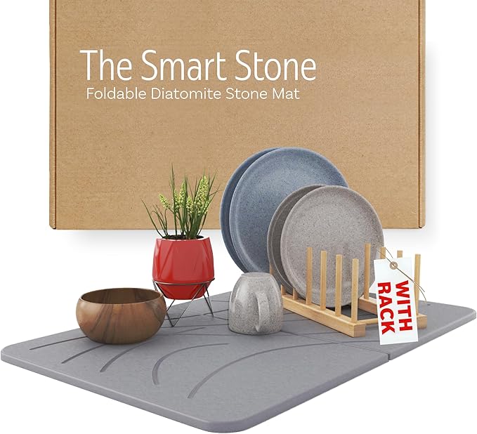 Large Stone Drying Mat with Bamboo Rack | 23.6” x 15.4” Diatomaceous Earth by FEDBB