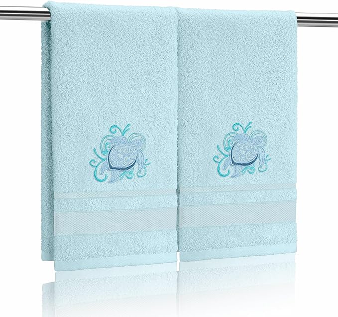 2 Pcs Sea Turtle Floral Hand Towels Pastel Blue Bathroom Decor 14x29 Inch by SmoothNovelty