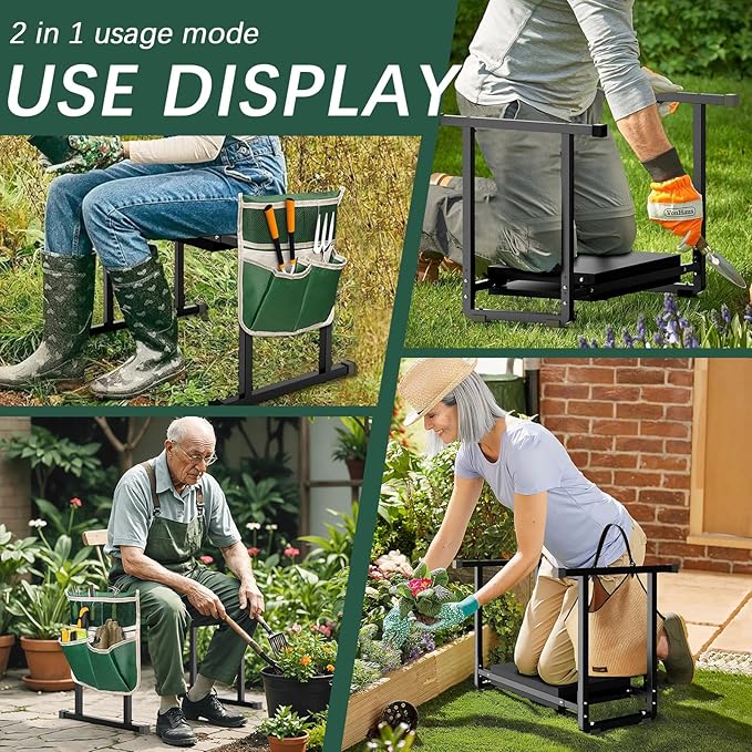 FLINTER Garden Kneelers Seat, Stable and Save Tip-Resistant Design 10.2" Wider Garden Kneeler and Seat with Handle, Heavy Duty Gardening Stool for Seniors, Gardening Weeding Bench for Parents - Black - Image 4