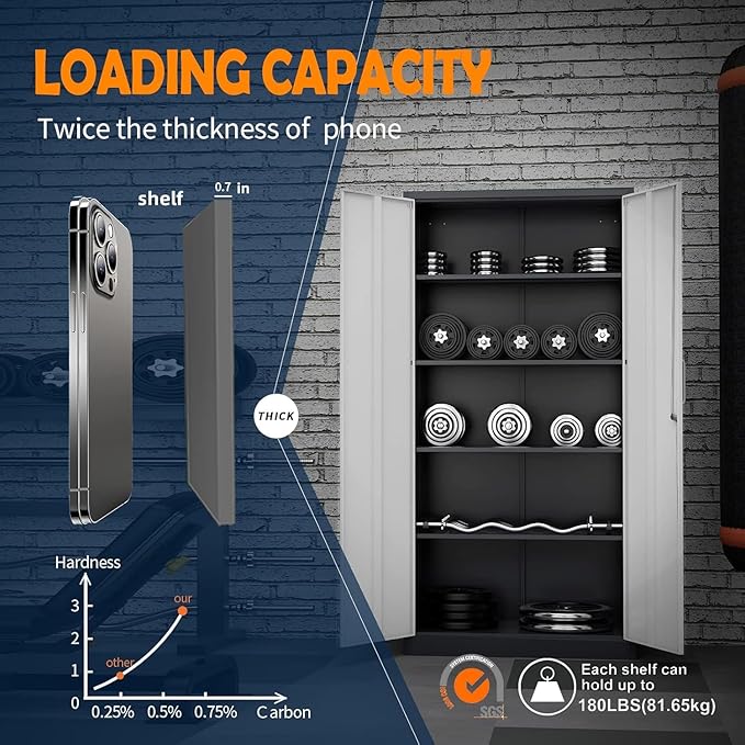 Yizosh Metal Garage Storage Cabinet with 2 Doors and 5 Adjustable Shelves - 71" Steel Lockable File Cabinet,Locking Tool Cabinets for Office,Home,Garage,Gym,School (Gray White) - Image 6