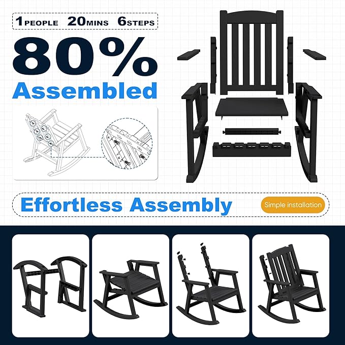 Devoko PP Material Rocking Chair Outdoor Indoor All Weather High Back Patio Rocker for Adult Heavy Duty Rocking Chair for Patio Backyard Porch Garden (Heavy Duty, Black) - Image 5