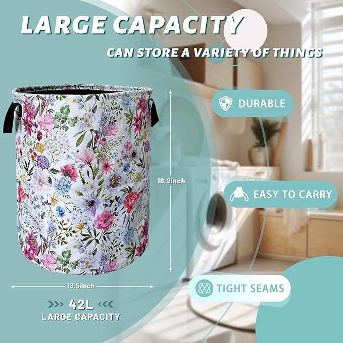 Watercolor Flower Floral Laundry Basket Foldable - Image 2