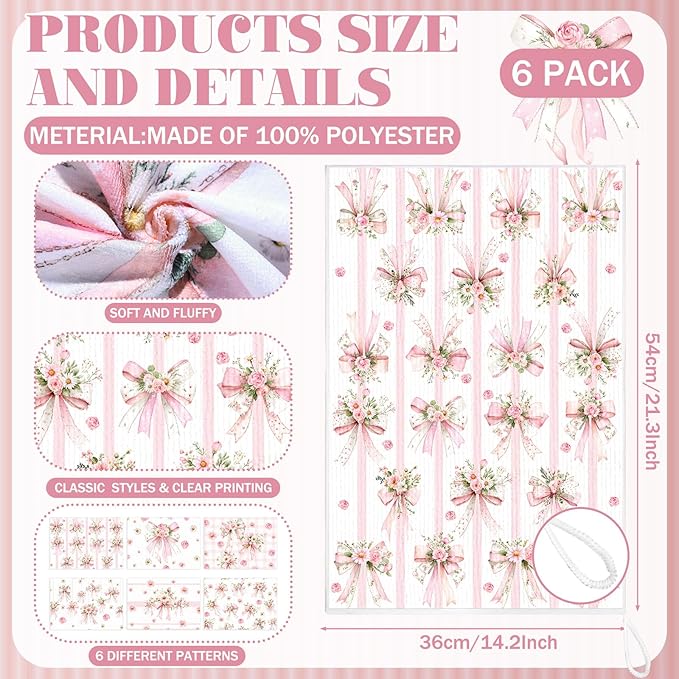 Breling Set of 6 Pink Bow Kitchen Towels Coquette Floral Dish Towel Bathroom - Image 2