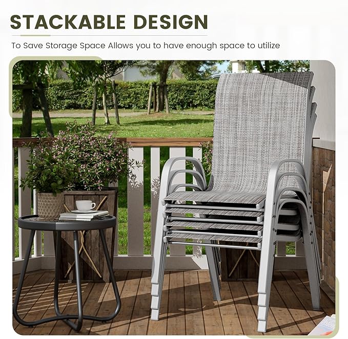 UDPATIO Patio Chairs Set of 4, Stackable Silver Outdoor Dining Chairs with High Back, Breathable Outdoor Chair Textilene Fabric All Weather, 350LBS Capacity for Garden, Backyard (Light Grey) - Image 6