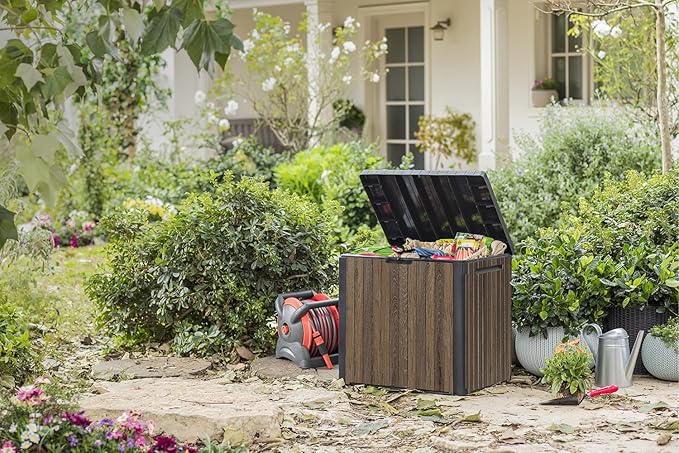 Keter Signature Everwood 30 Gallon Resin Deck Box for Outdoor Storage – Weather‑Resistant Balcony & Patio Box for Cushions, Throw Pillows & Garden Tools, Walnut - Image 4