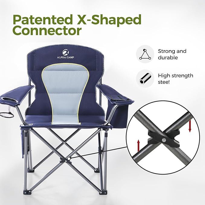 ALPHA CAMP Heavy Duty Camping Chair 500LBS Capacity, Oversized Folding Chair for Heavy People, Padded Portable Outdoor Chair with Cooler Bag & Cup Holder for Camping, Fishing, Beach - Image 9