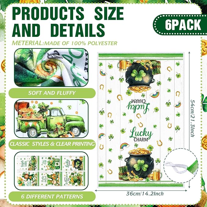 Breling Set of 6 St. Patrick's Day Kitchen Towels Shamrock Green Dish Towel - Image 2
