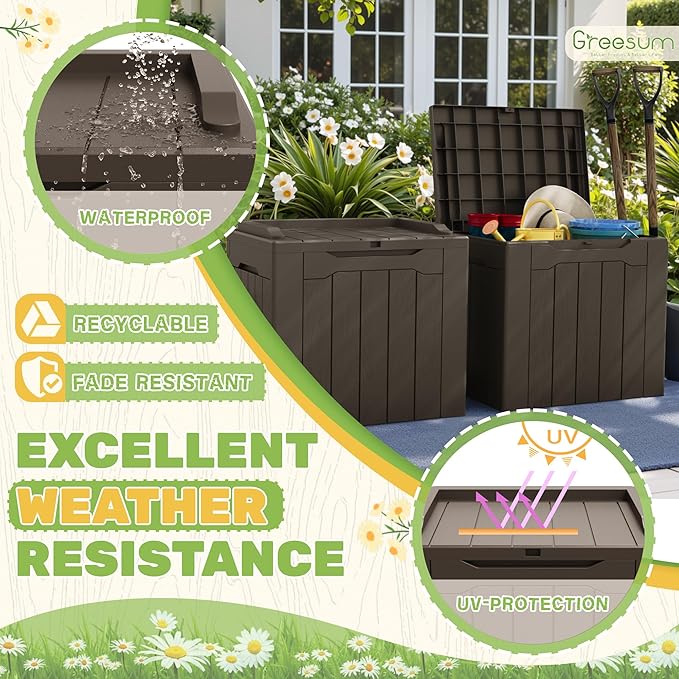 Greesum 31 Gallon Deck Box for Outside, All Weather Outdoor Storage Boxes for Patio Furniture Set, Package Delivery Box, Garden Tools, Brown(Set of 2) - Image 5