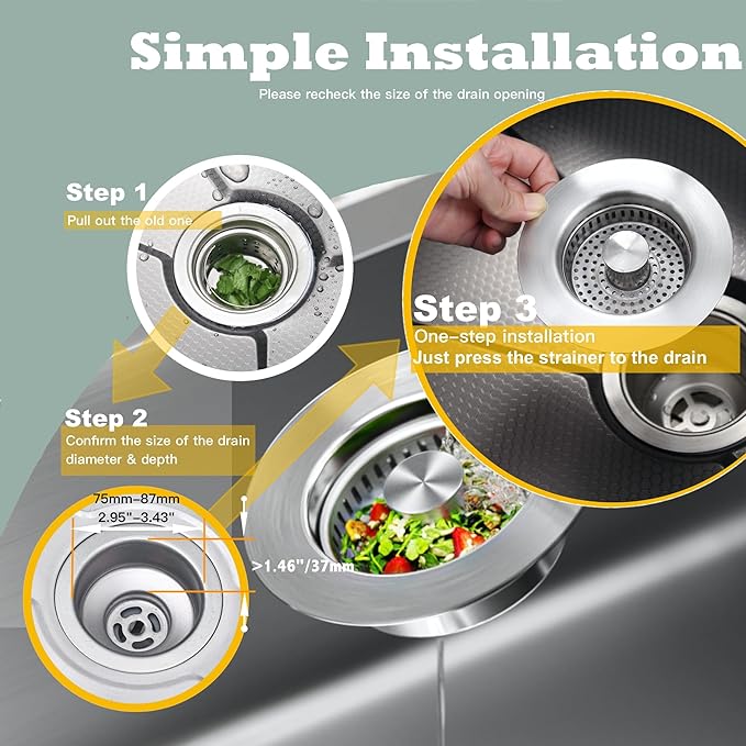 Sink Drain Strainer 3 in 1, 304 Stainless Steel Pop Up Sink Stopper, - Image 4