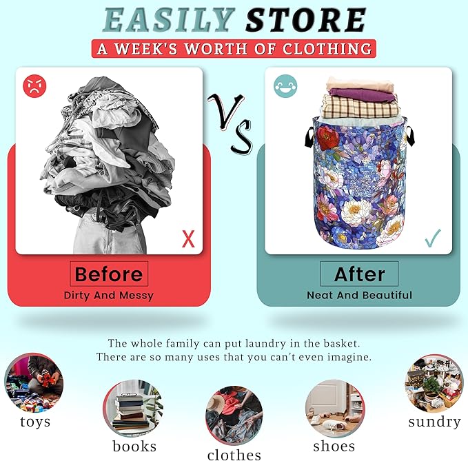 Blue Flowers Laundry Basket Glass Colorful Floral Foldable Funny Laundry Hamper - Image 3
