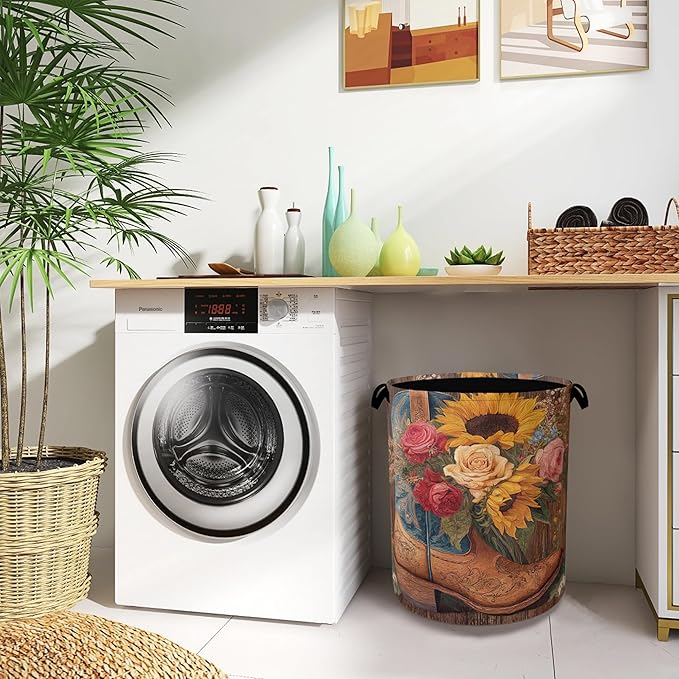 Cowboy Boots Laundry Basket, Wooden Sunflowers Foldable Oxford Cloth Tote Bag - Image 8