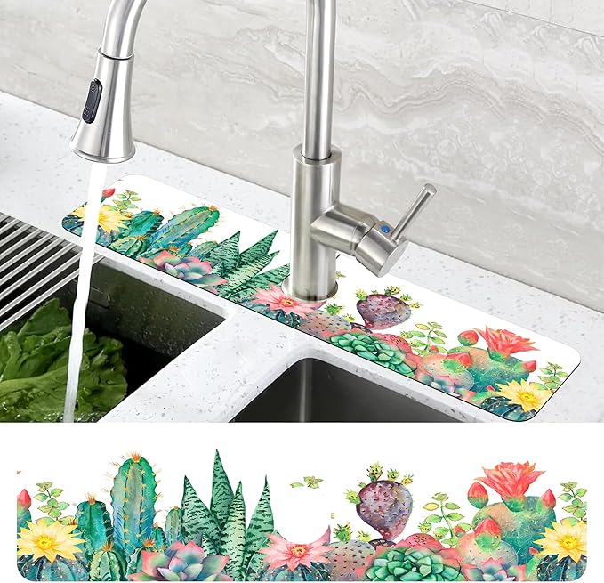Watercolor Cactus Floral Sink Faucet Absorbing Mat Sink Splash Guard Faucet Mat - Image 4