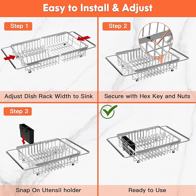 Small Expandable Over The Sink Dish Drainer Drying Rack In Stainless Steel Metal - Image 5