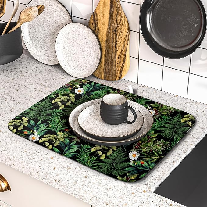 Green Botanical Dish Drying Mat 16x18 Inch Plant Leaf Fast Dry Dish Drainer - Image 5