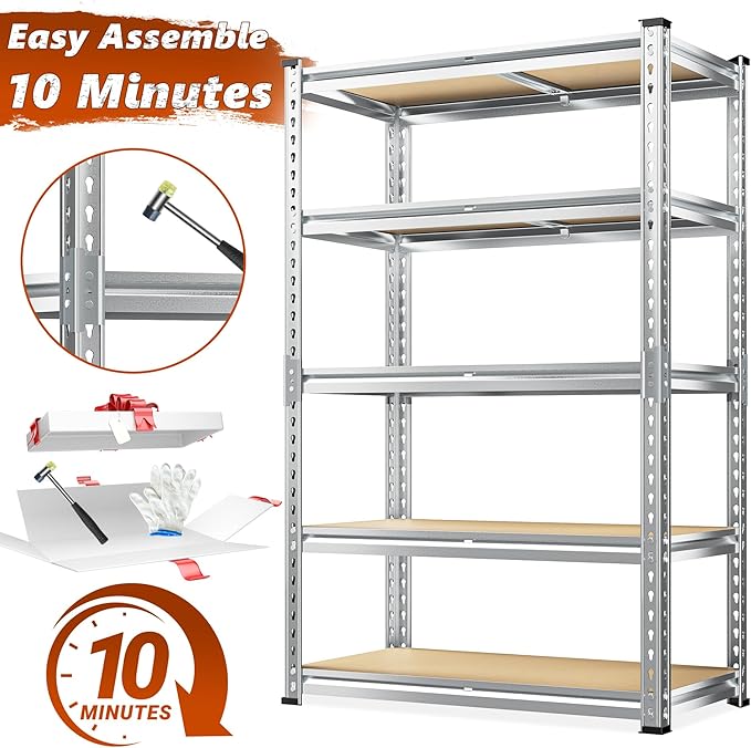 REIBII Garage Shelving, 5 Tier Storage Shelves Load 2400LBS, Adjustable Garage Shelving Heavy Duty, Metal Shelves Unit with Waterproof Columns, 35.5" W x 11.9" D x 72" H, Galvanized, 2 Pack - Image 9
