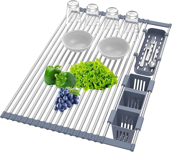 Extra Large Expandable Roll Up Dish Drying Rack Up to 22.8''with 2 Storage - Image 2