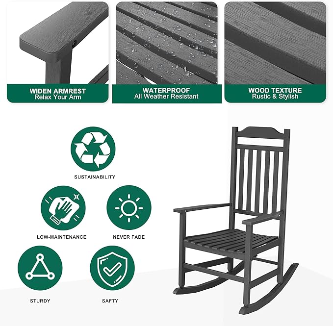 Patio Rocking Chair Outdoor Set of 4,Weather Resistant Poly Resin Oversized Porch Rocker,High Back Smooth Design,350lb Weight Capacity,Indoor Outdoor Use(4, Black) - Image 5