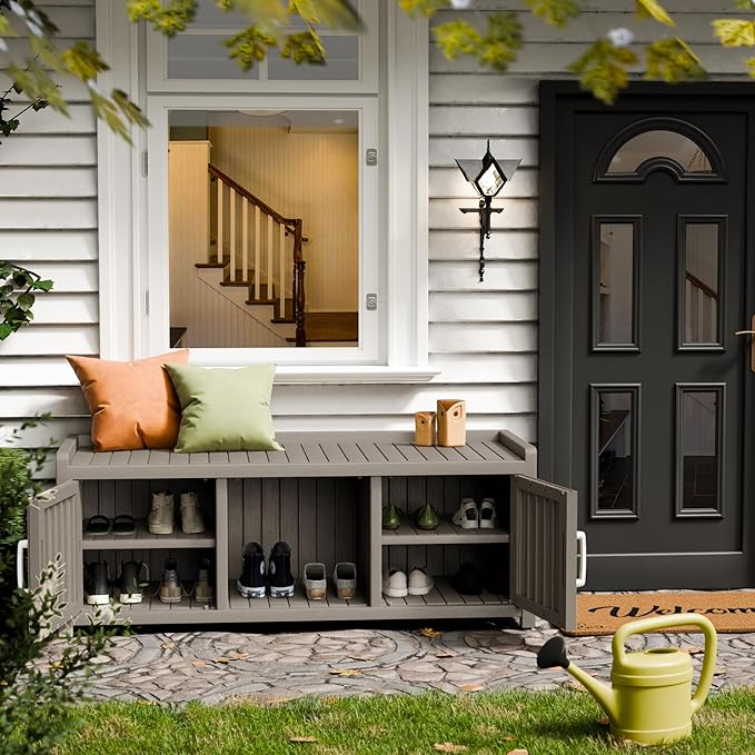 Storage Bench - Waterproof Resin Shoe Bench with Adjustable Shelves - Indoor & Outdoor Use, 2 Doors Entryway Bench with Hidden Storage Space - Storage Cabinet for Bedroom, Hallway, Grey - Image 2