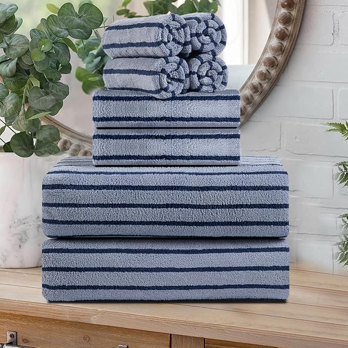 8 Pcs Navy Cabana Stripe Large Bath Towel Set Oversized Bath Sheet 2 Bathroom by Oliven