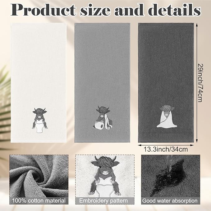 3 Pcs Highland Cow Hand Towels Bathroom Decor Highland Cow White and Gray - Image 2