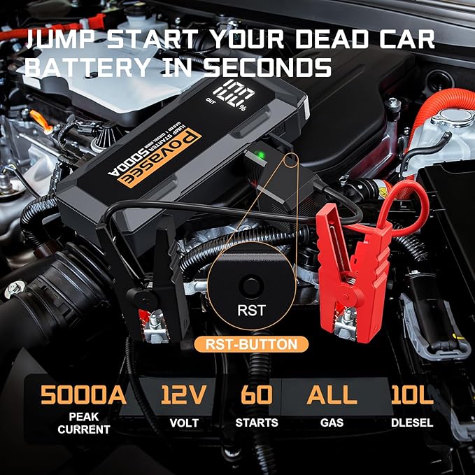 5000A Jump Starter | Povasee A40 Car Battery Jump Starter, 12V Portable Power - Image 2
