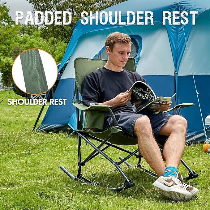 Portal Outdoor Rocking Chair Camping Folding Portable Rocker with Cup Holder Side Pocket Carry Bag, Support 350LBS (Green), 2 Pack - Image 3