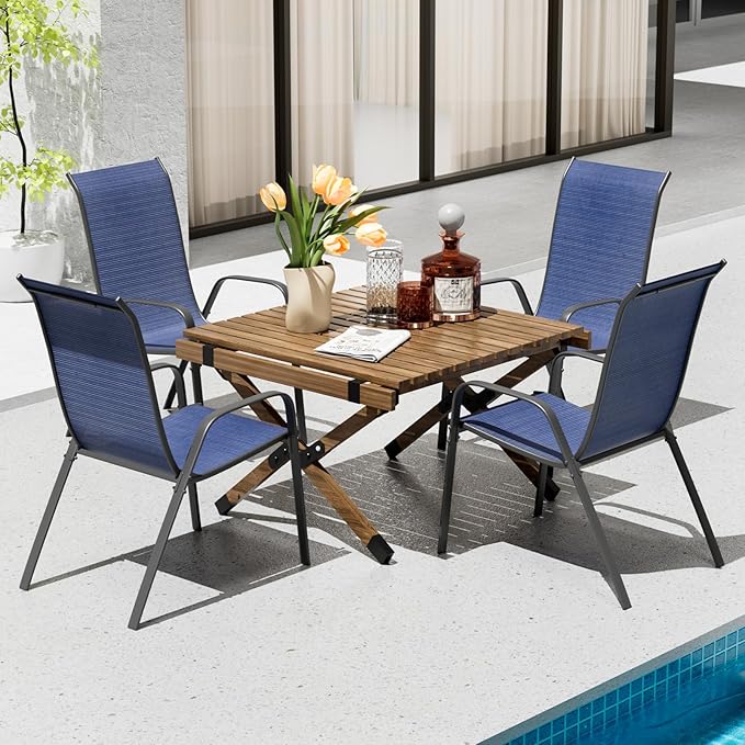 TLSUNNY Patio Chairs, Stackable Textilene Outdoor Dining Furniture for All Weather, with 17.7″ Wide Seat & Metal Frame, for Garden, Backyard, Deck, Restaurant, Poolside (4, Navy Blue, 26.4″) - Image 2