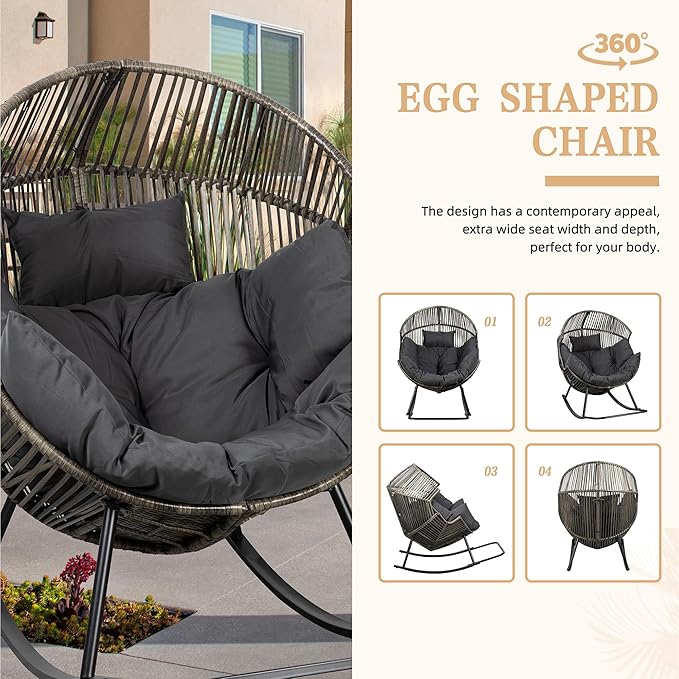 Vongrasig Wicker Rocking Egg Chair PE Rattan with Cushion, Oversized Patio Lounge Rocker Chair for Outdoor, Indoor, Balcony, Backyard, Garden, Black/Rattan - Image 7