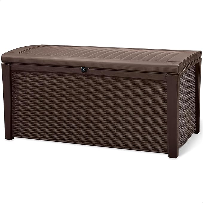Keter Borneo 110 Gallon Resin Deck Box - Organization and Storage for Patio Furniture, Outdoor Cushions, Throw Pillows, Garden Tools and Pool Toys, Brown by Keter