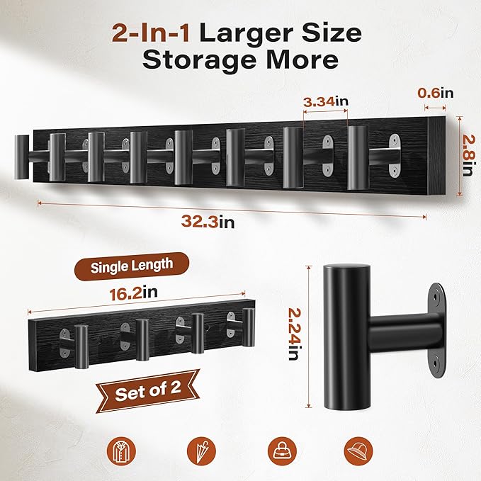 2 Pack Coat Rack Wall Mount, Pine Soild Wood Large Coat Hanger - Image 3