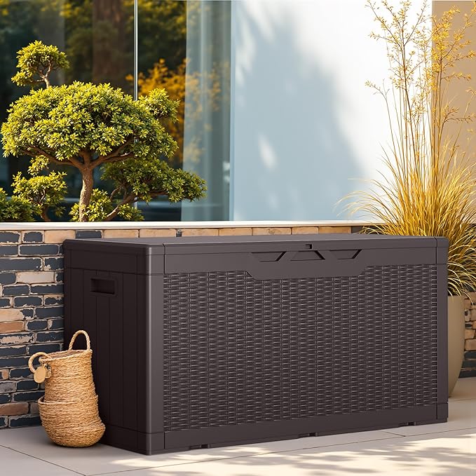 Greesum Outdoor Storage Box 100 Gallon Storage Bin with Lid for Patio Furniture, Garden Tools, Pool Supplies, Lockable, Waterproof and UV Resistant, Dark Brown - Image 2