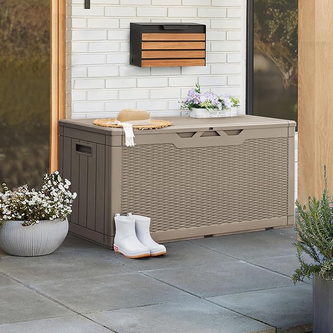Greesum 100 Gallon Resin Patio Storage Box for Garden Tools, Outdoor Furniture Cushions, Pool Supplies, Coffee - Image 3