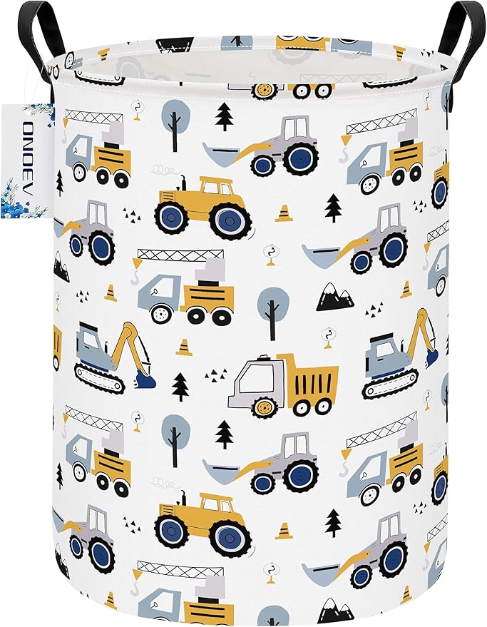 Round Foldable Laundry Hamper Kids Forest Vehicles Excavator Boys Gift Basket by ONOEV