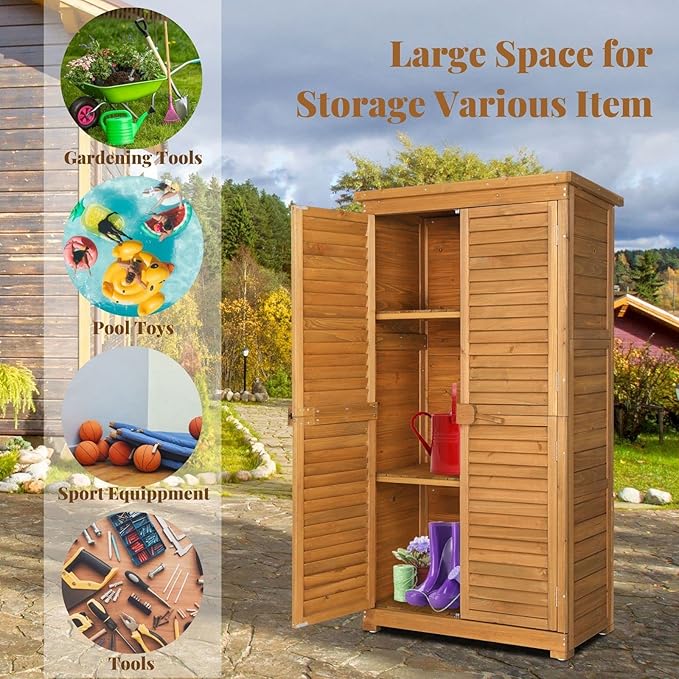 Outvita Outdoor Storage Cabinet, 63in Wooden Garden Tools Shed with 2 Lockable Doors, 3 Adjustable Shelves, Waterproof Roof for Yard Garge Patio Deck Porch, Natural - Image 5