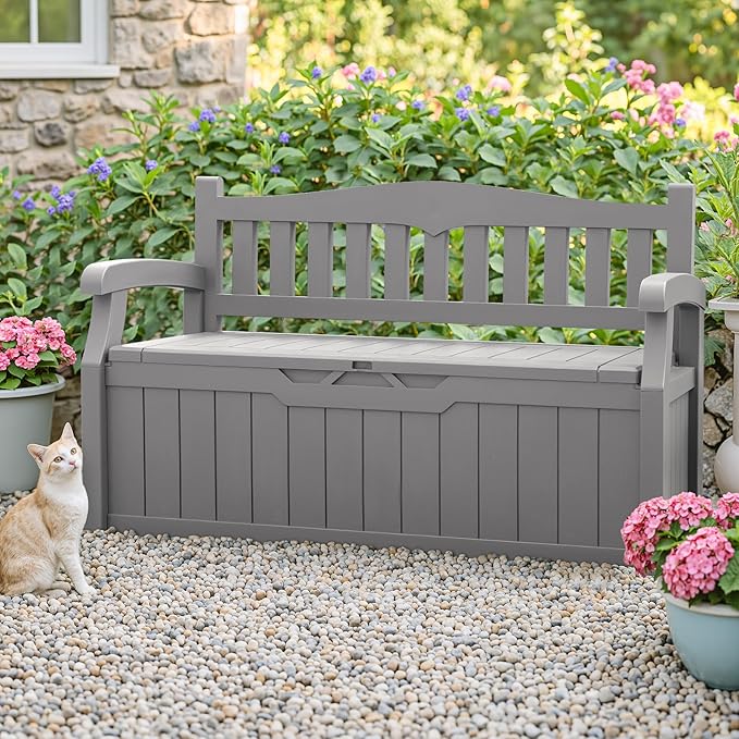 Homall 75 Gallon Outdoor Storage Benches Lockable Deck Box with Waterproof and UV Resistant, Waterproof Storage Box for Patio Furniture, Tools, Cushions (Grey) - Image 2